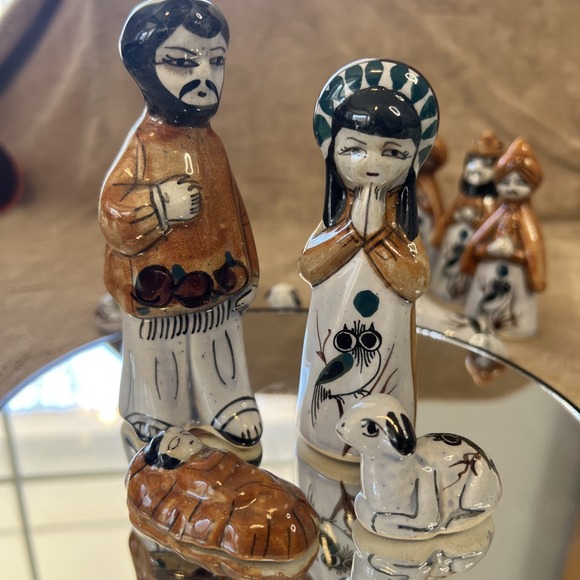 Vintage Mexican Tonala Nativity Set Scene 13 Piece Hand Painted Pottery Folk Art - Picture 2 of 8